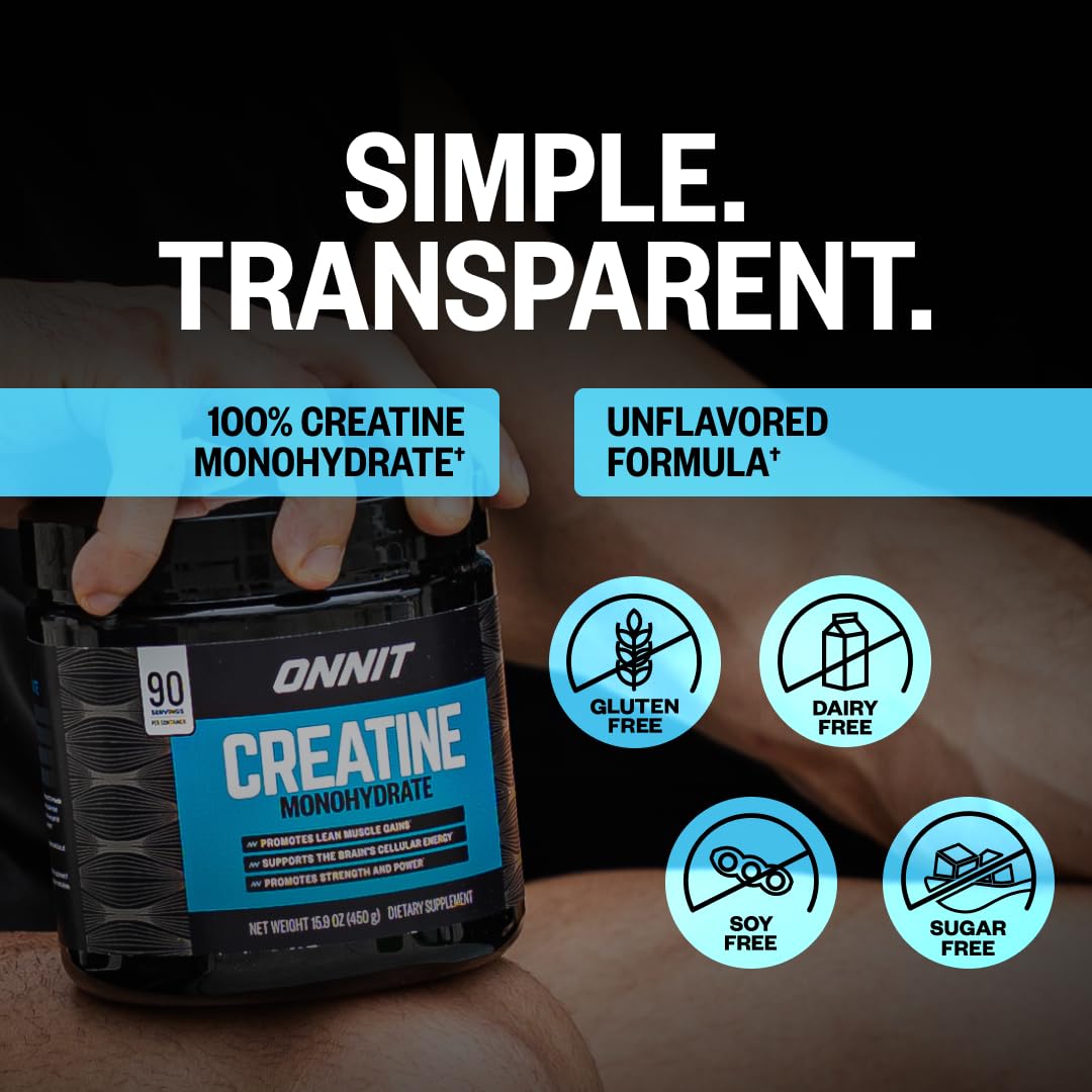 ONNIT Creatine Monohydrate Powder, IGEN(TM) Non-GMO Tested 5g Premium Creatine for Muscle Strength, Power and Lean Mass, Supports Brain Health, Brain Cellular Energy, Unflavored, 30 Servings, 5.29 oz