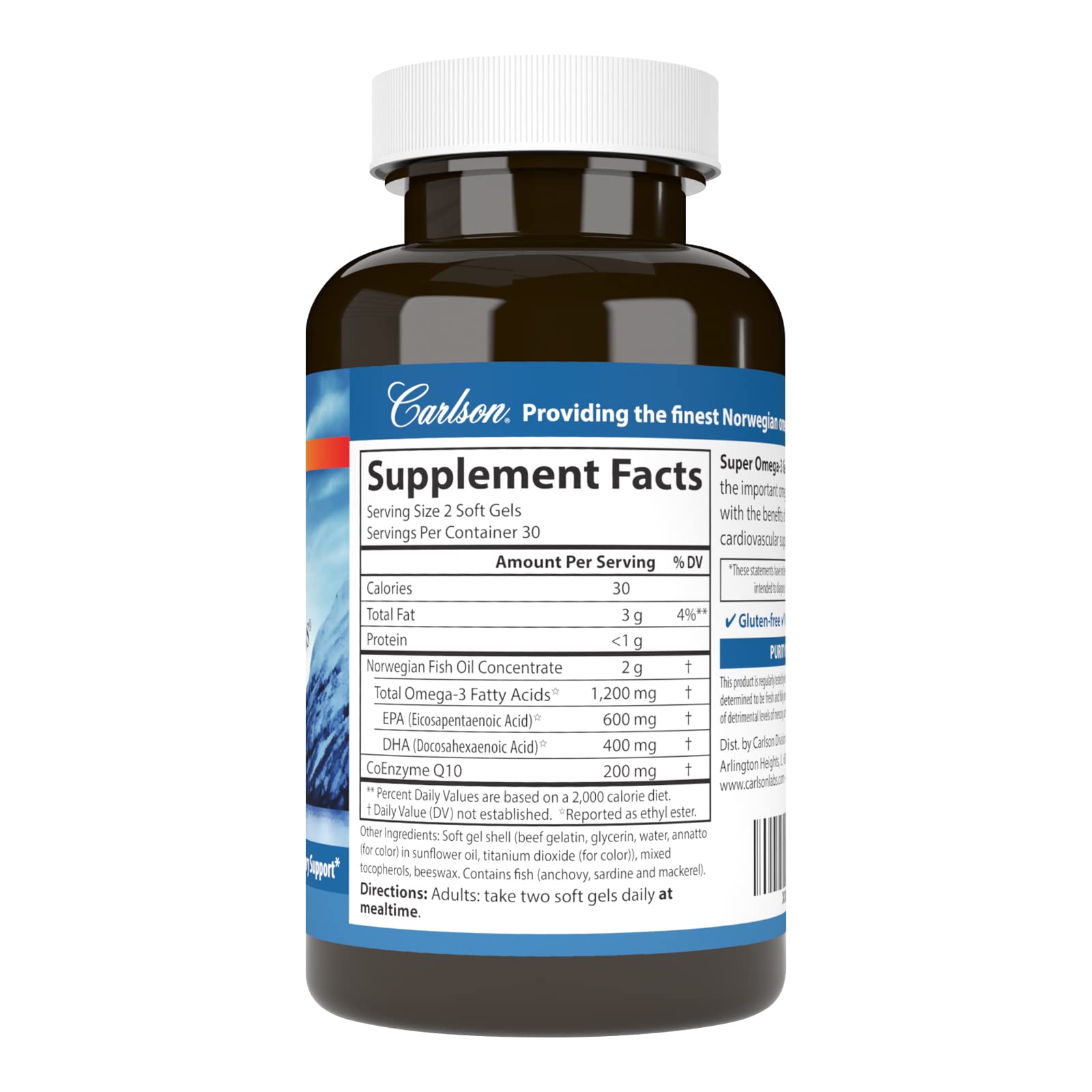 Carlson Super Omega-3 Gems + CoQ10, 1200 mg, Omega-3s, 60 Softgels