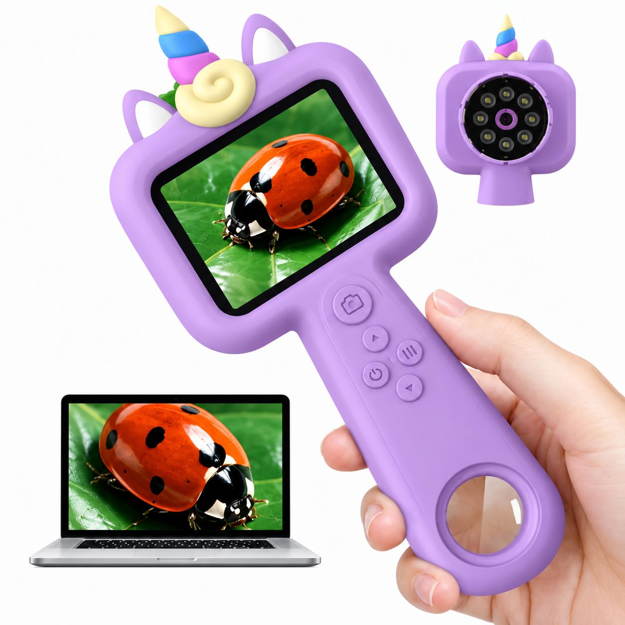Kids Microscope, 2.4" Screen Handheld Digital Microscope 600X with 4K Camera & 8 LED Lights, Portable Pocket Microscope for Bugs Plants Nature Exploration, STEM Science Toy Gift Ages 3-12（Purple）