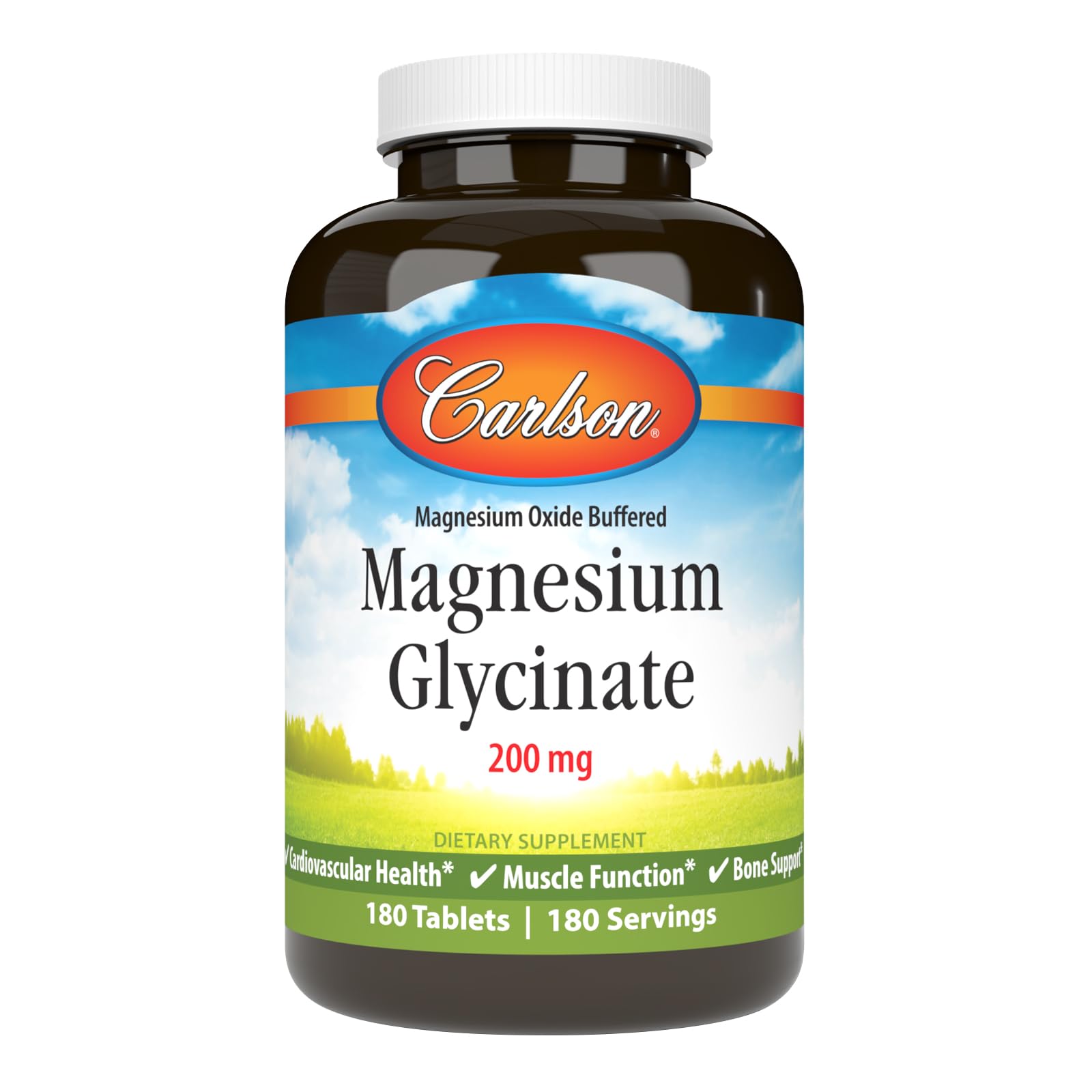 Carlson Chelated Magnesium Glycinate, 200 mg, Muscle Function, 180 Tablets