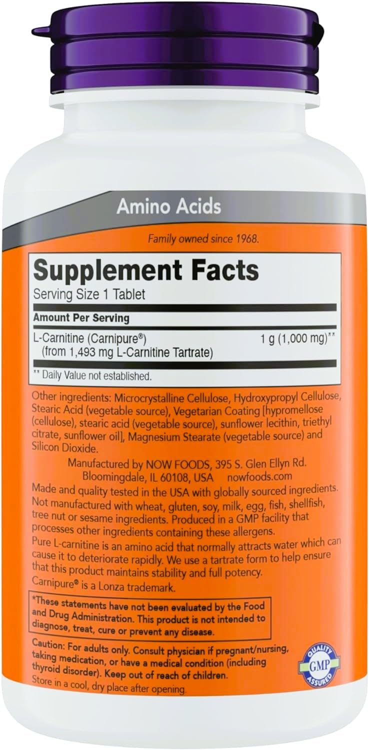 NOW Foods Supplements, L-Carnitine 1,000 mg, Purest Form, Carnipure, Amino Acid, Tablets, 150 Count