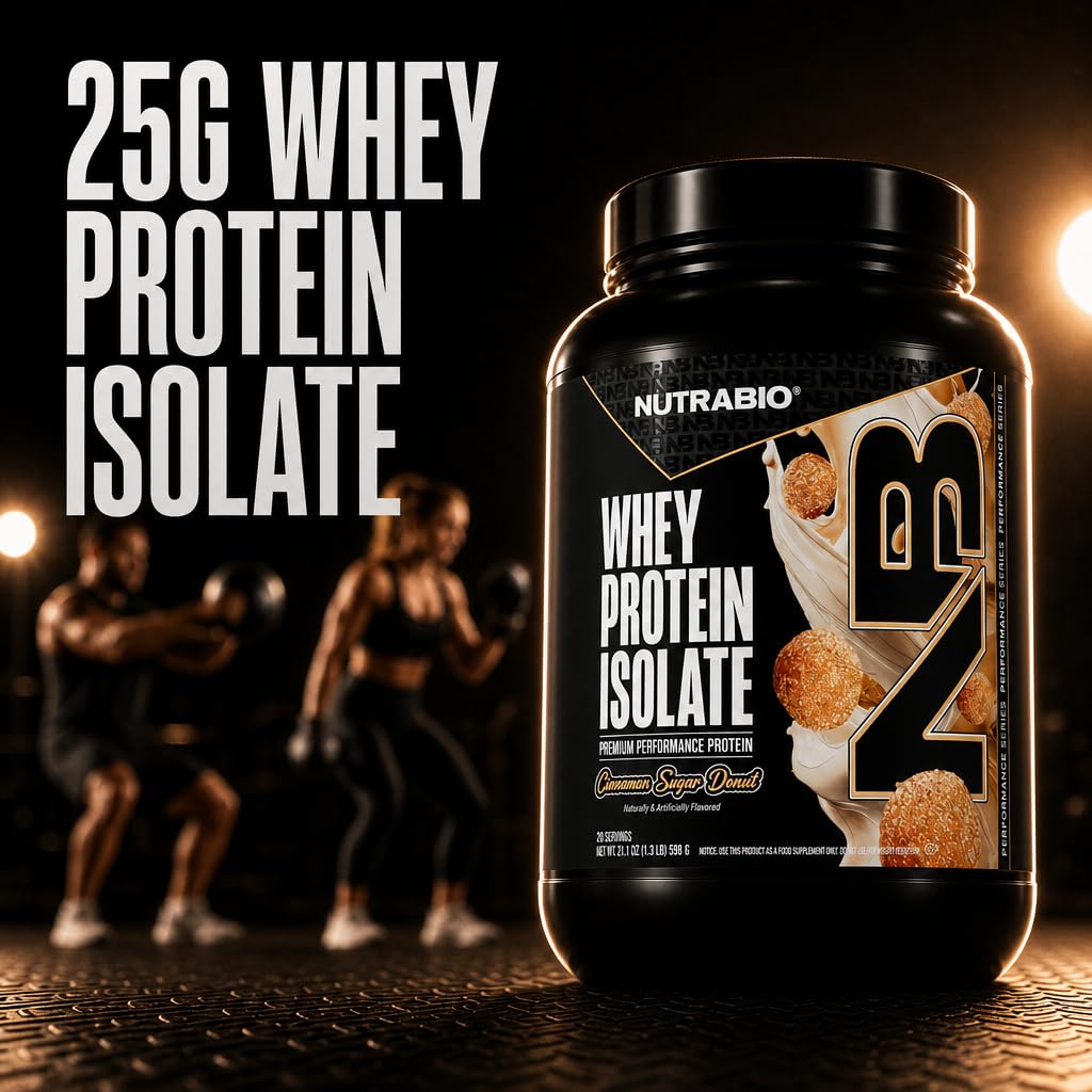 NutraBio 100% Whey Protein Isolate Protein Powder, 25g Protein with Complete Amino Acid Profile, Non-GMO, Soy & Gluten Free, Low Carb, Low Calorie Whey Protein Powder, Cinnamon Sugar Donut,20 servings