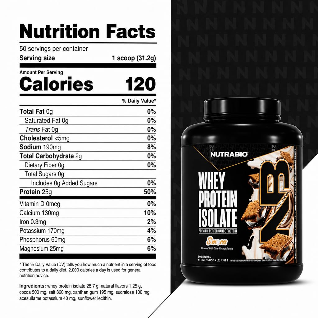 NutraBio 100% Whey Protein Isolate Protein Powder, 25g Protein with Complete Amino Acid Profile, Non-GMO, Soy & Gluten Free, Low Carb, Low Calorie, S'Mores, 50 Servings