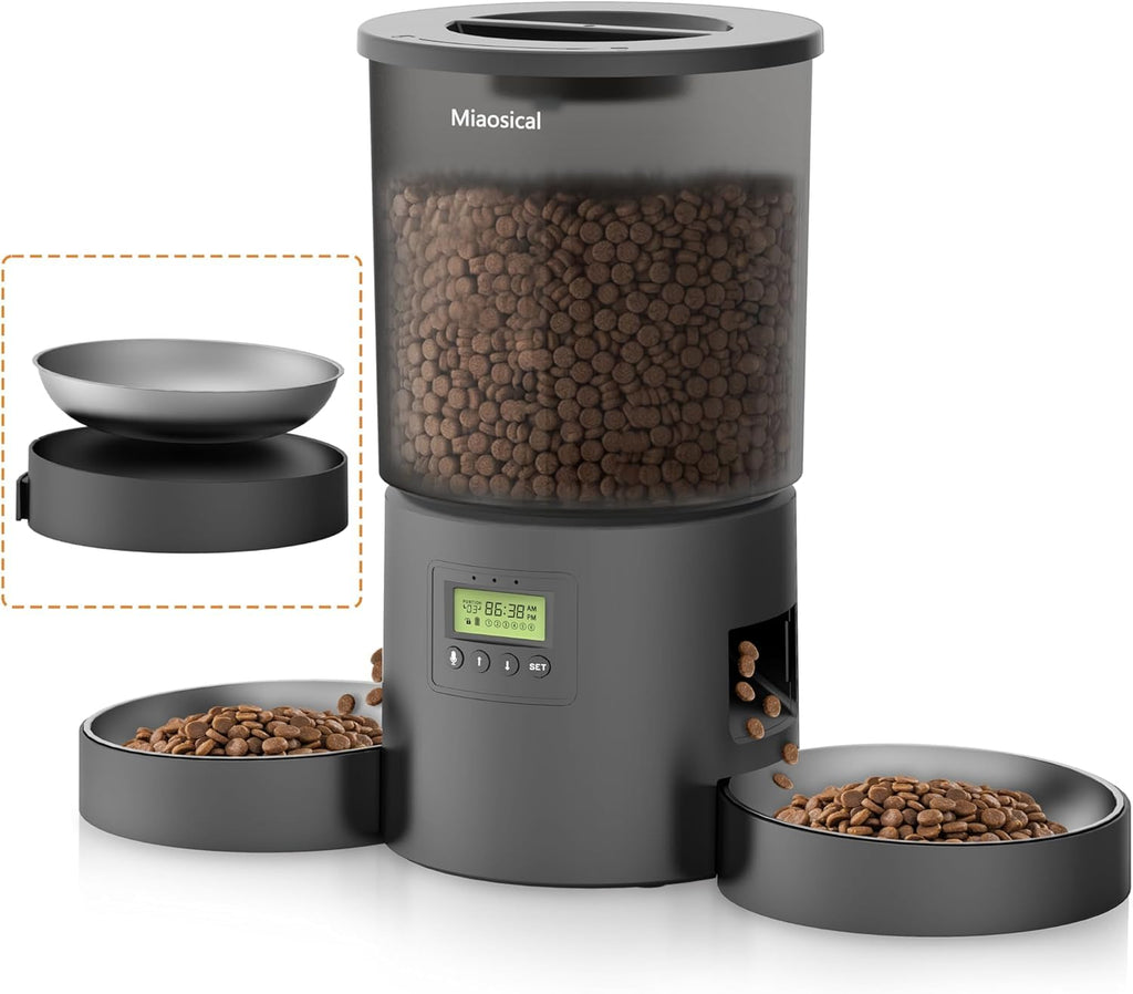 Dual Automatic Cat Feeder 2 Cats, 4.2L Dry Food Auto Dispenser with Double Stainless Steel Bowls,Dual Power Supply,Programmable Portion Control,10s Voice Recorder (Transparent Black)