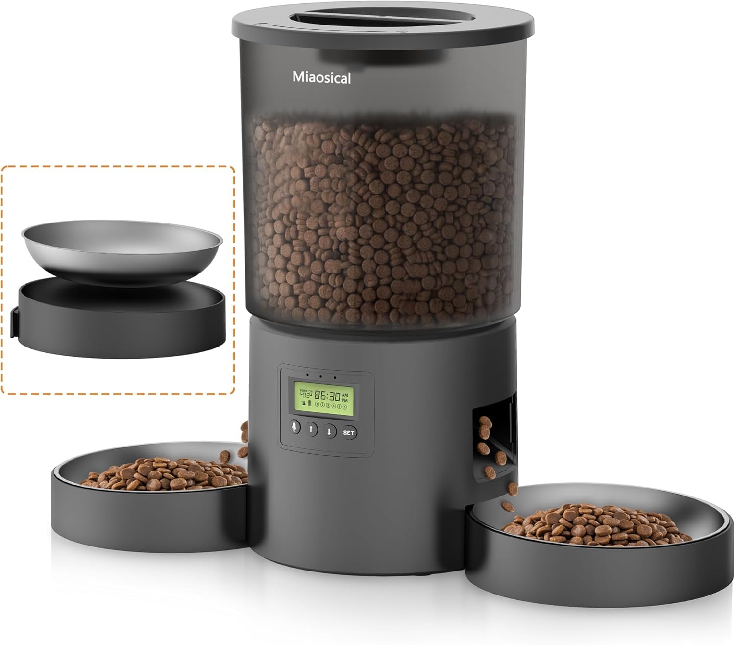 Dual Automatic Cat Feeder 2 Cats, 4.2L Dry Food Auto Dispenser with Double Stainless Steel Bowls,Dual Power Supply,Programmable Portion Control,10s Voice Recorder (Transparent Black)
