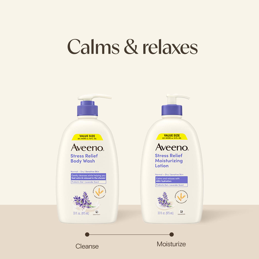 Aveeno Stress Relief Moisturizing Body Lotion, Lavender Scent with Prebiotic Oat for Sensitive Skin, Lightly Scented Lotion with 48-Hour Hydration, Fast Absorbing, Non-Greasy, Value Size 33 Fl Oz