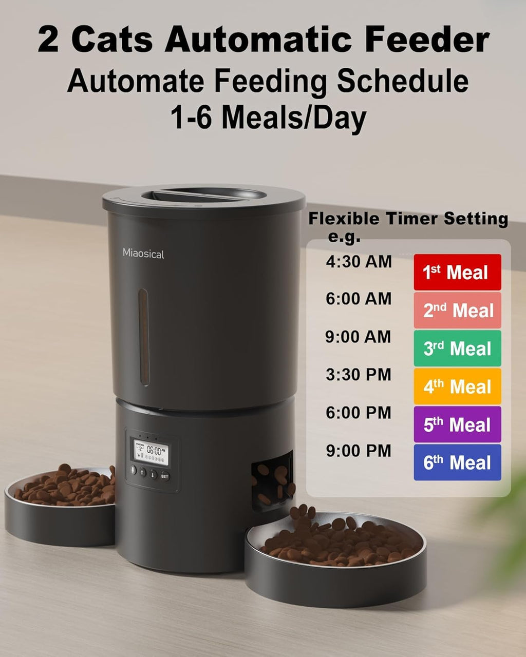 Dual Automatic Cat Feeder 2 Cats, 4.2L Dry Food Auto Dispenser with Double Stainless Steel Bowls,Dual Power Supply,Programmable Portion Control,10s Voice Recorder(Black)