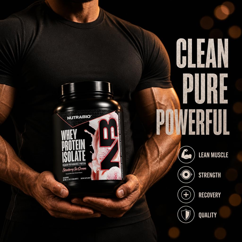 NutraBio 100% Whey Protein Isolate Protein Powder, 25g Protein with Complete Amino Acid Profile, Non-GMO, Soy & Gluten Free, Low Carb, Low Calorie Whey Protein Powder, Strawberry Ice Cream,20 servings