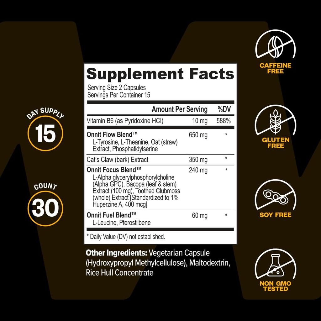 ONNIT Alpha Brain Nootropic Brain Supplement for Focus, Memory, Mental Clarity, Cognitive Support with L-Theanine and Vitamin B6, 30 Count Capsules
