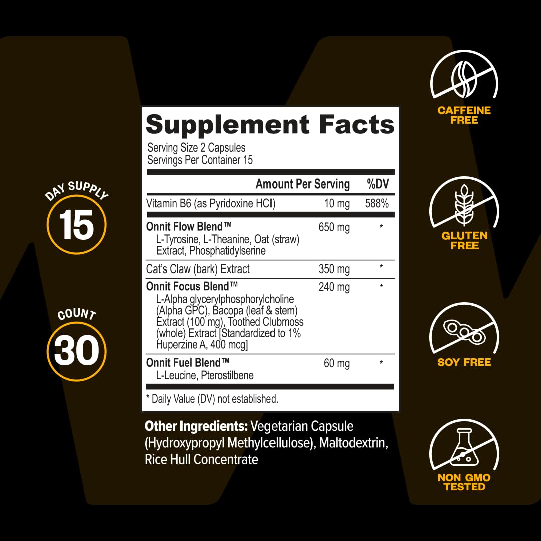 ONNIT Alpha Brain Nootropic Brain Supplement for Focus, Memory, Mental Clarity, Cognitive Support with L-Theanine and Vitamin B6, 30 Count Capsules