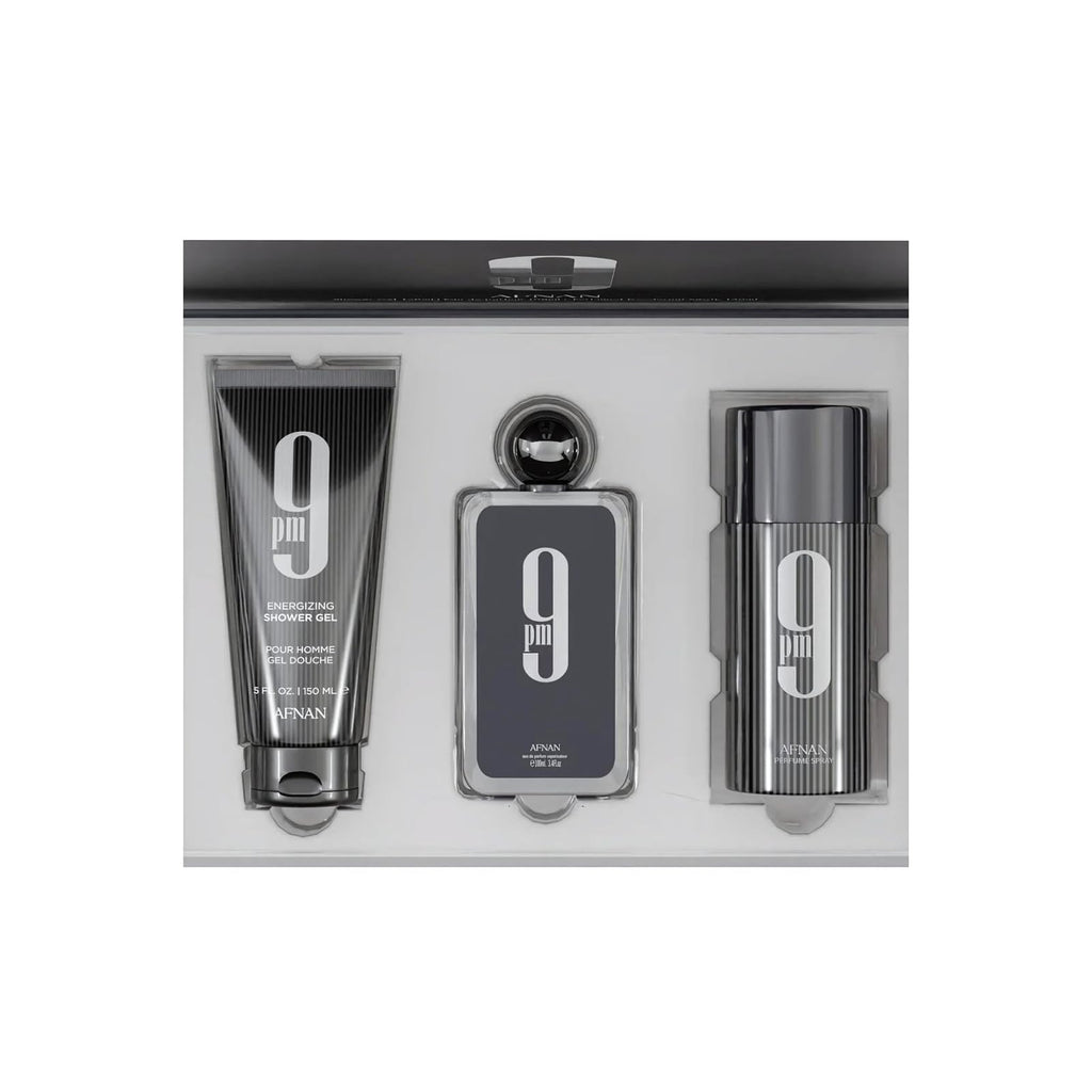 Afnan 9 PM Luxury Perfume Gift Set – Eau De Parfum (3.4 Oz), Deodorant (5.0 Oz), Shower Gel (5.0 Oz)