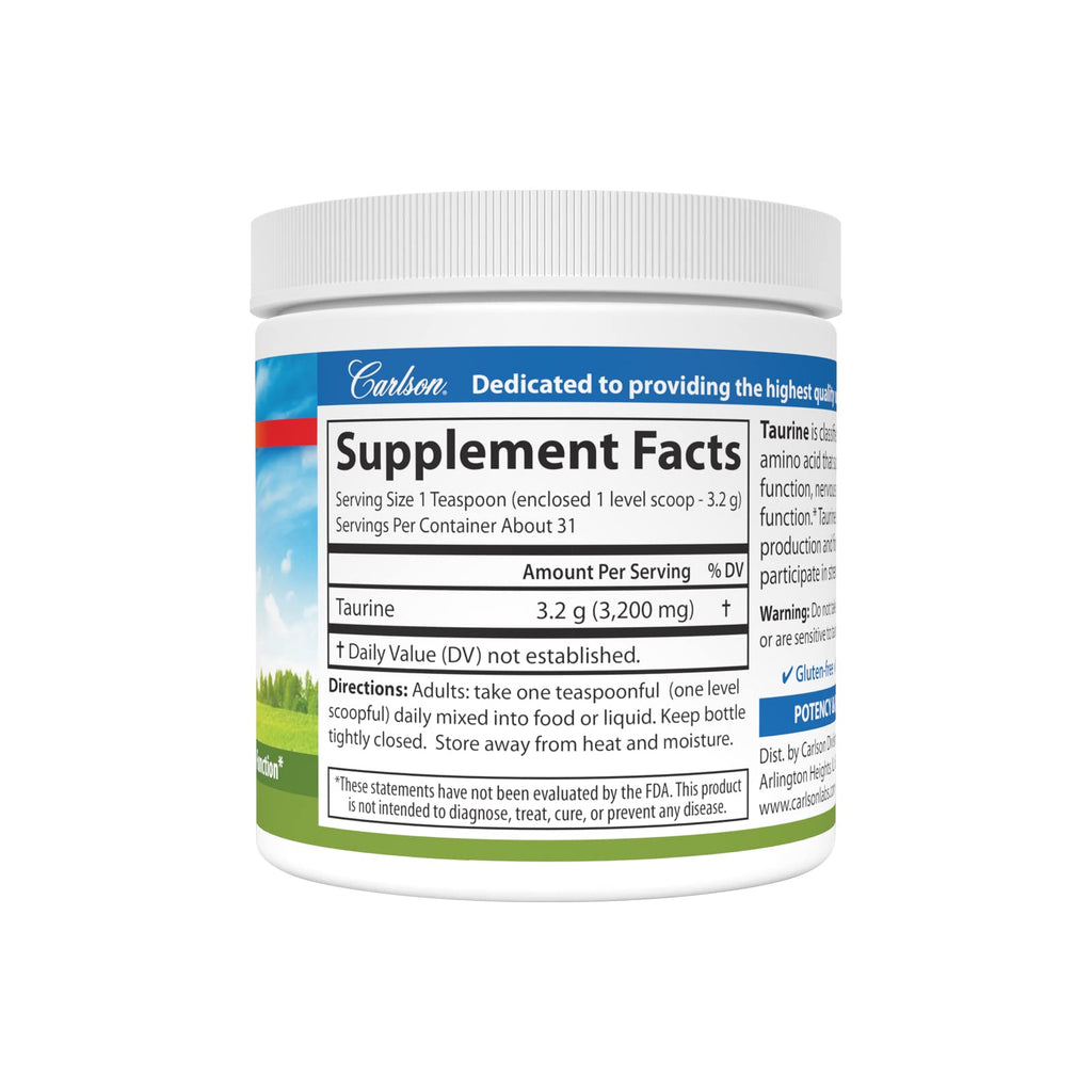 Carlson Taurine Powder, 3.2 g (3200 mg), Nerve Health, 3.53 oz (100 g)