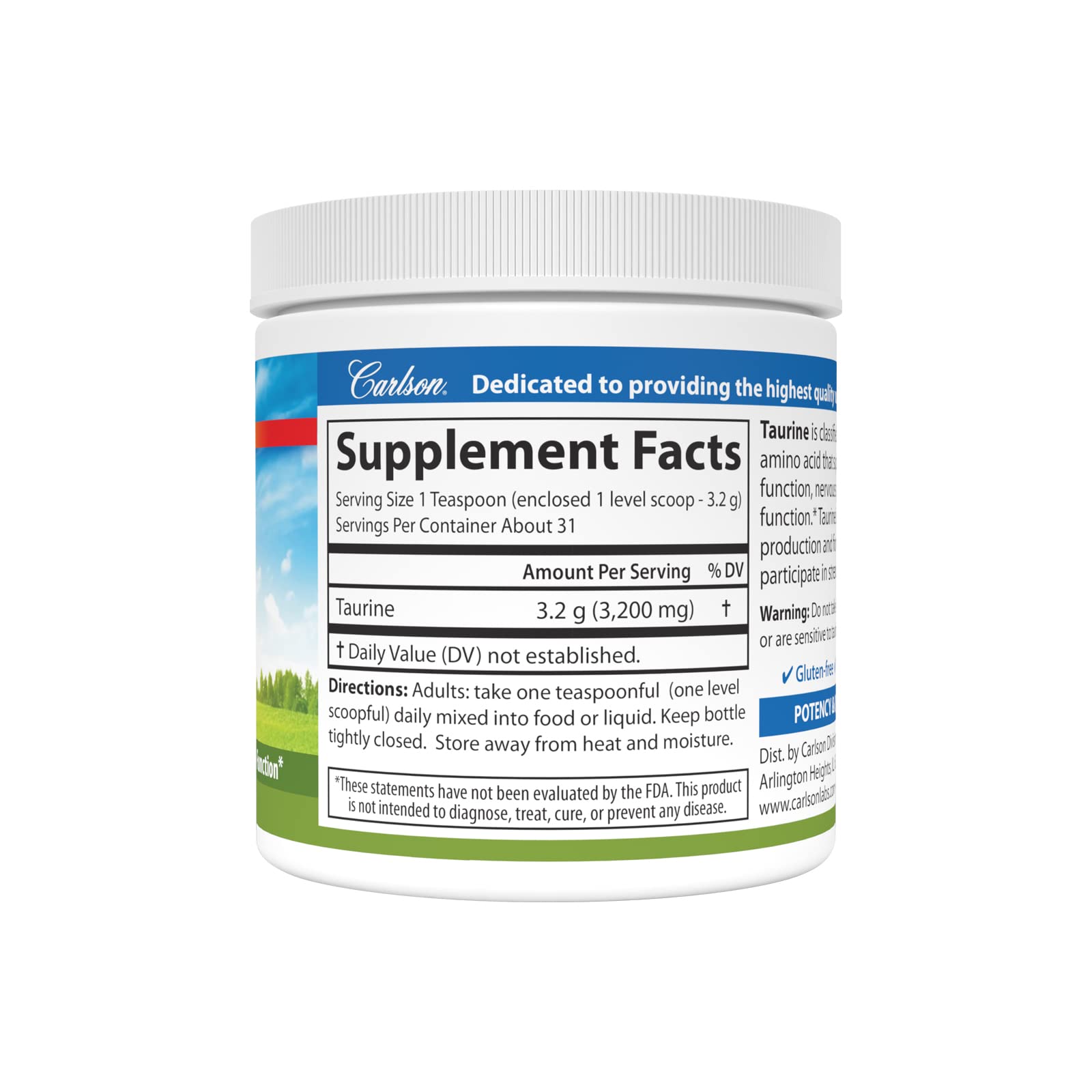 Carlson Taurine Powder, 3.2 g (3200 mg), Nerve Health, 3.53 oz (100 g)