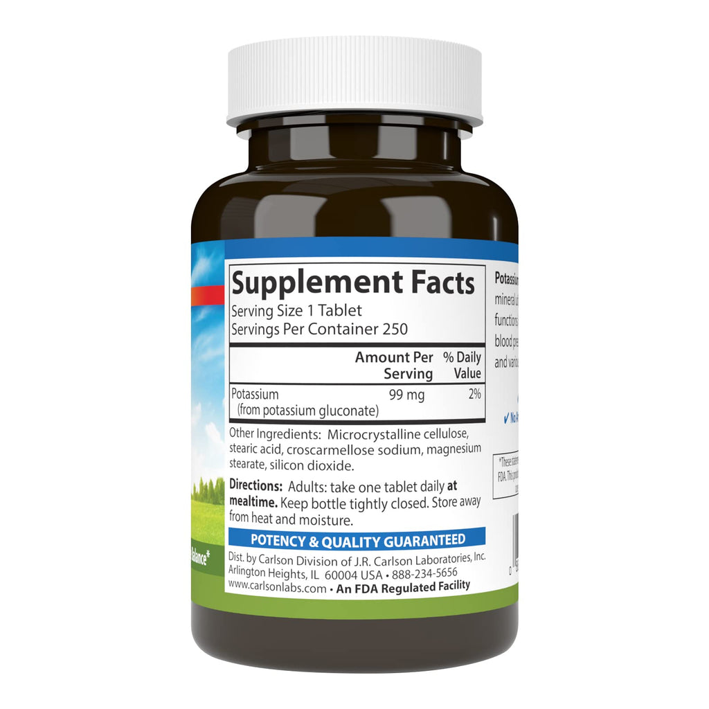 Carlson Potassium, 99 mg, Nerve Health, Muscle Function, 250 Tablets