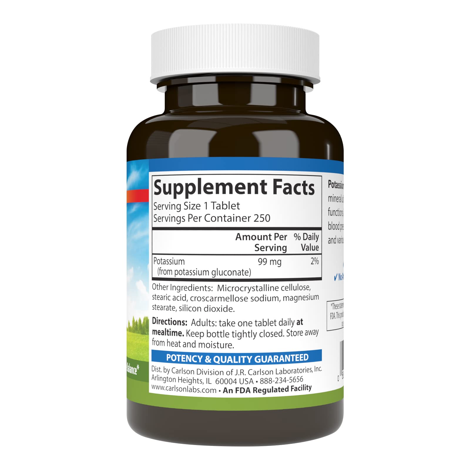 Carlson Potassium, 99 mg, Nerve Health, Muscle Function, 250 Tablets