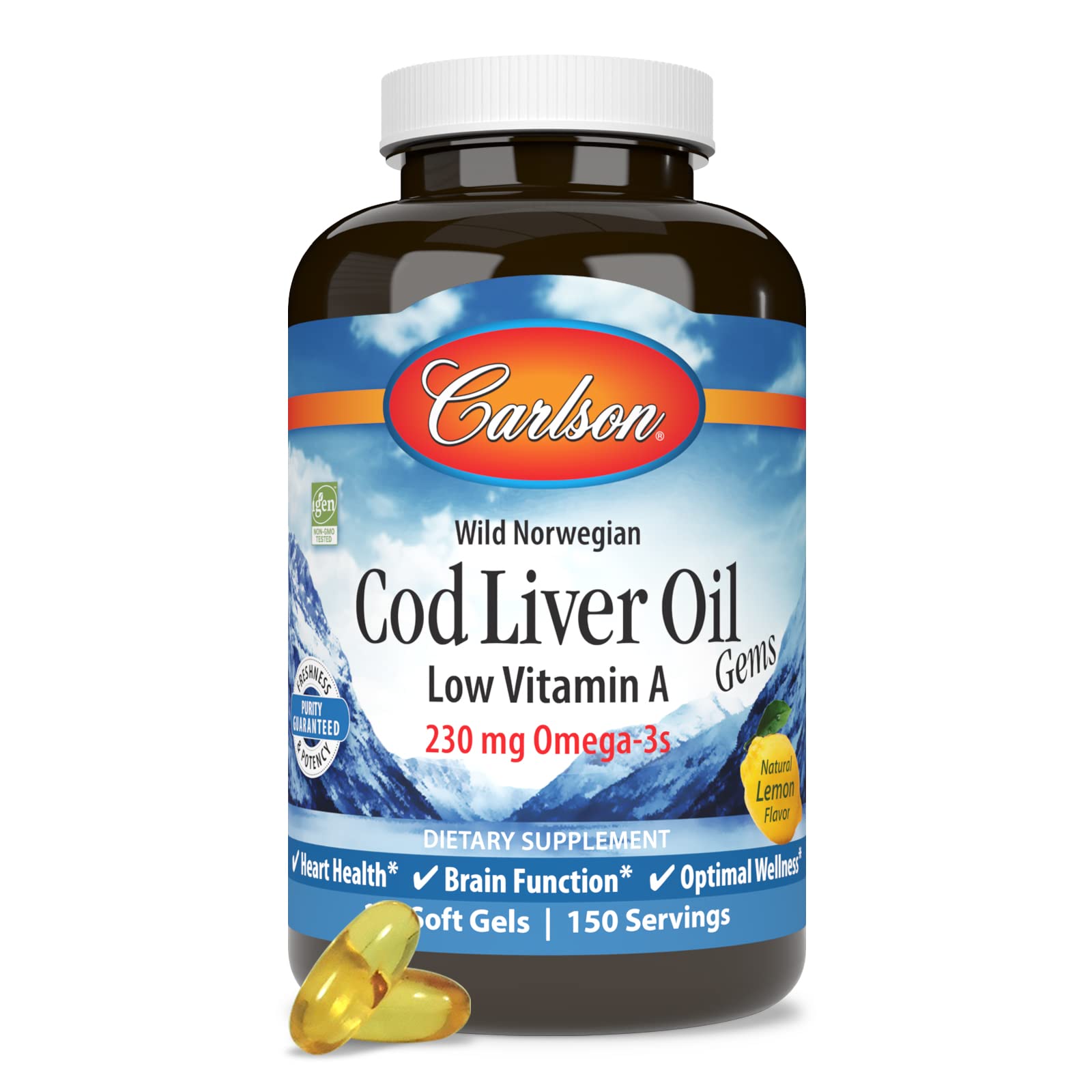 Carlson Cod Liver Oil Gems, Low Vitamin A, 230 mg Omega-3s, 150 Softgels