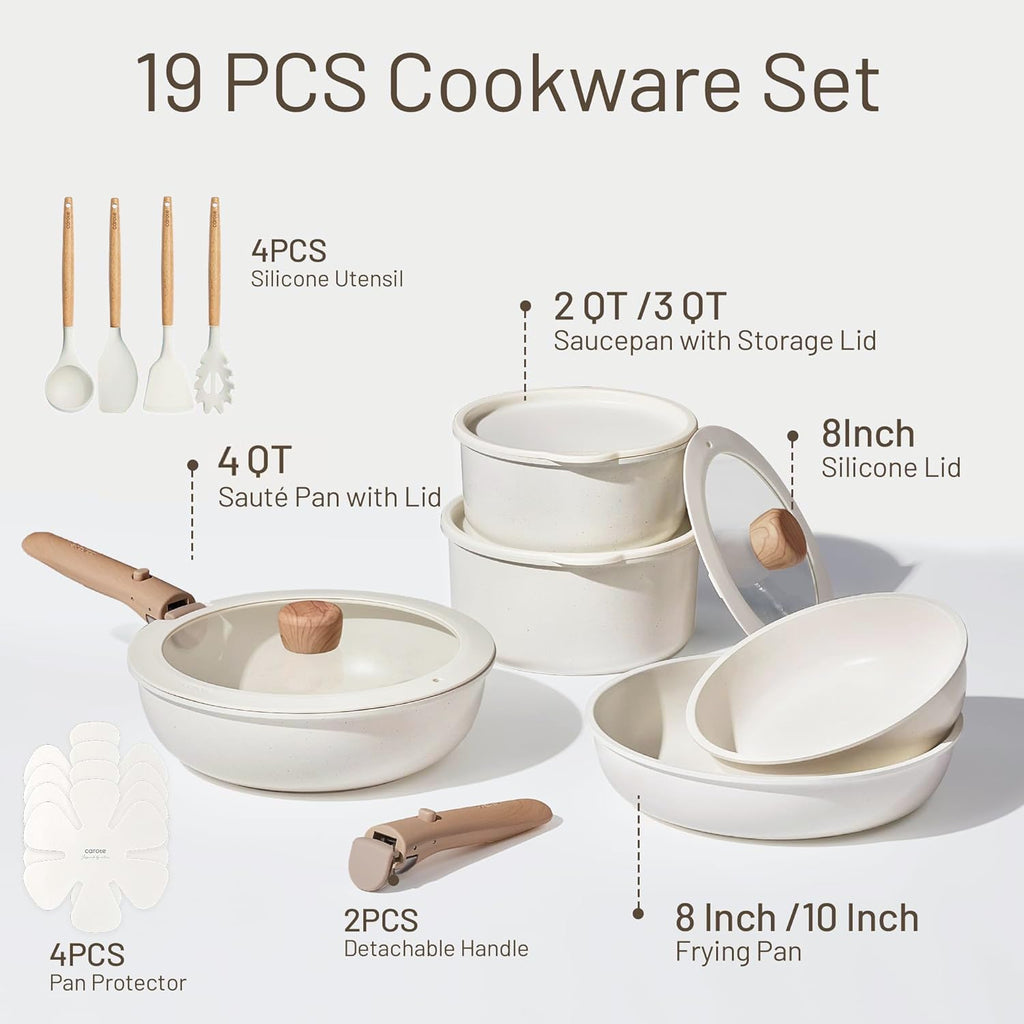 CAROTE 19pcs Pots and Pans Set Non Stick, Cookware Set Detachable Handle