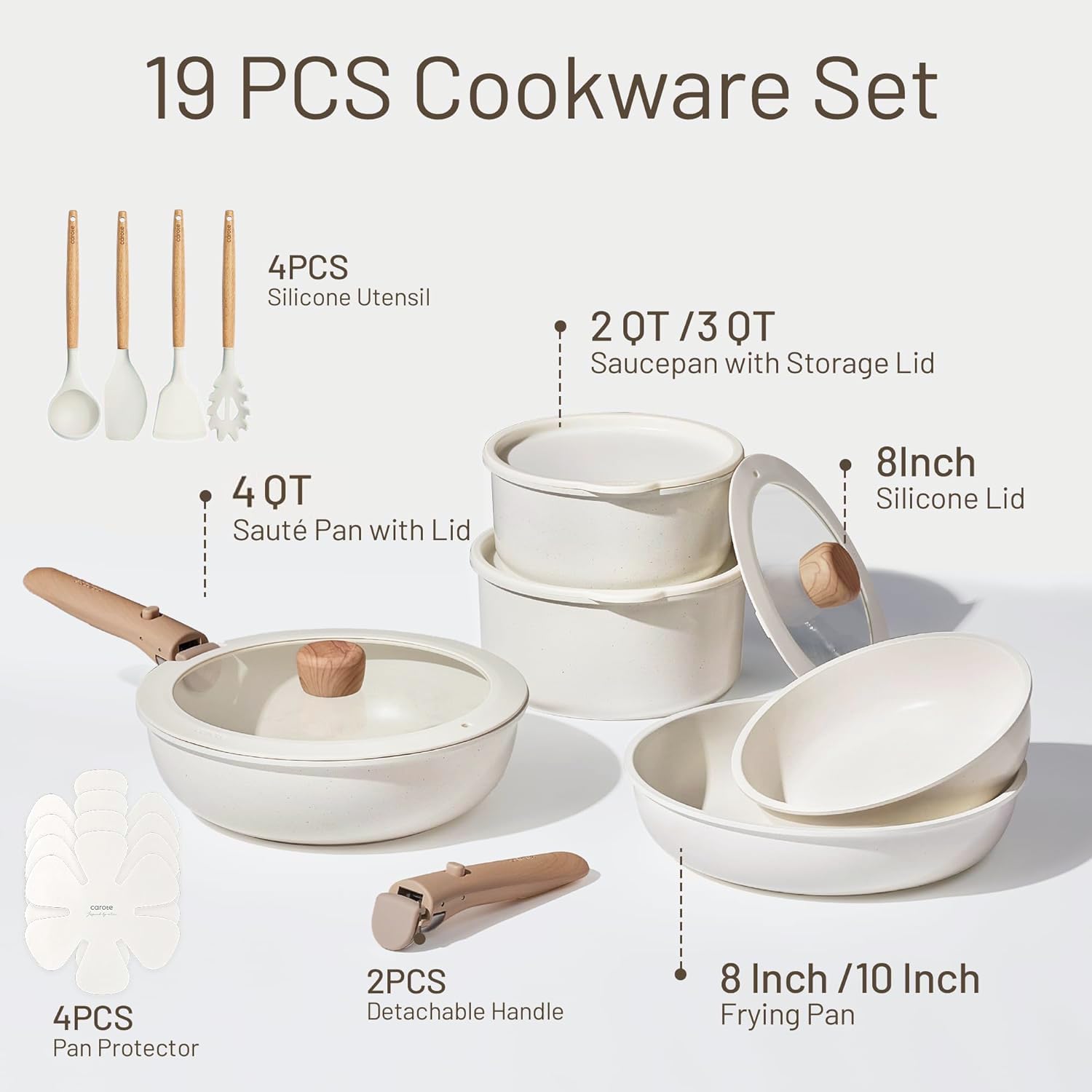 CAROTE 19pcs Pots and Pans Set Non Stick, Cookware Set Detachable Handle