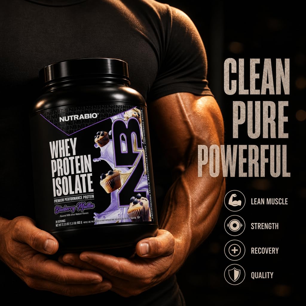 NutraBio 100% Whey Protein Isolate Protein Powder, 25g Protein with Complete Amino Acid Profile, Non-GMO, Soy & Gluten Free, Low Carb, Low Calorie Whey Protein Powder, Blueberry Muffin, 20 Servings