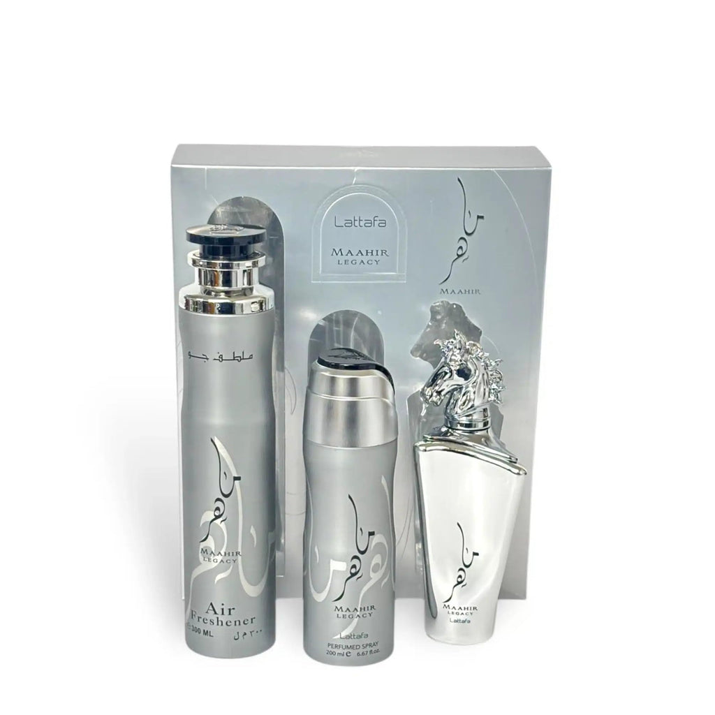 Lattafa Maahir Legacy for Men 3 Piece Gift Set (3.4 Fl Oz EDP + 6.67 Fl Oz Deo + 10.14 Fl Oz Air Freshener)