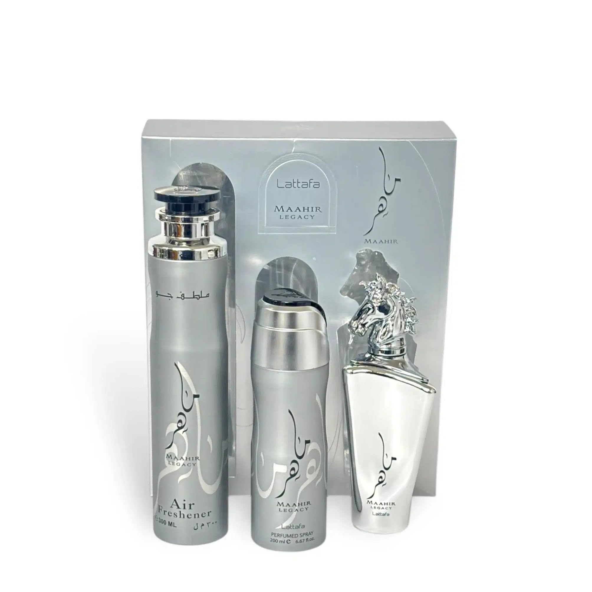 Lattafa Maahir Legacy for Men 3 Piece Gift Set (3.4 Fl Oz EDP + 6.67 Fl Oz Deo + 10.14 Fl Oz Air Freshener)