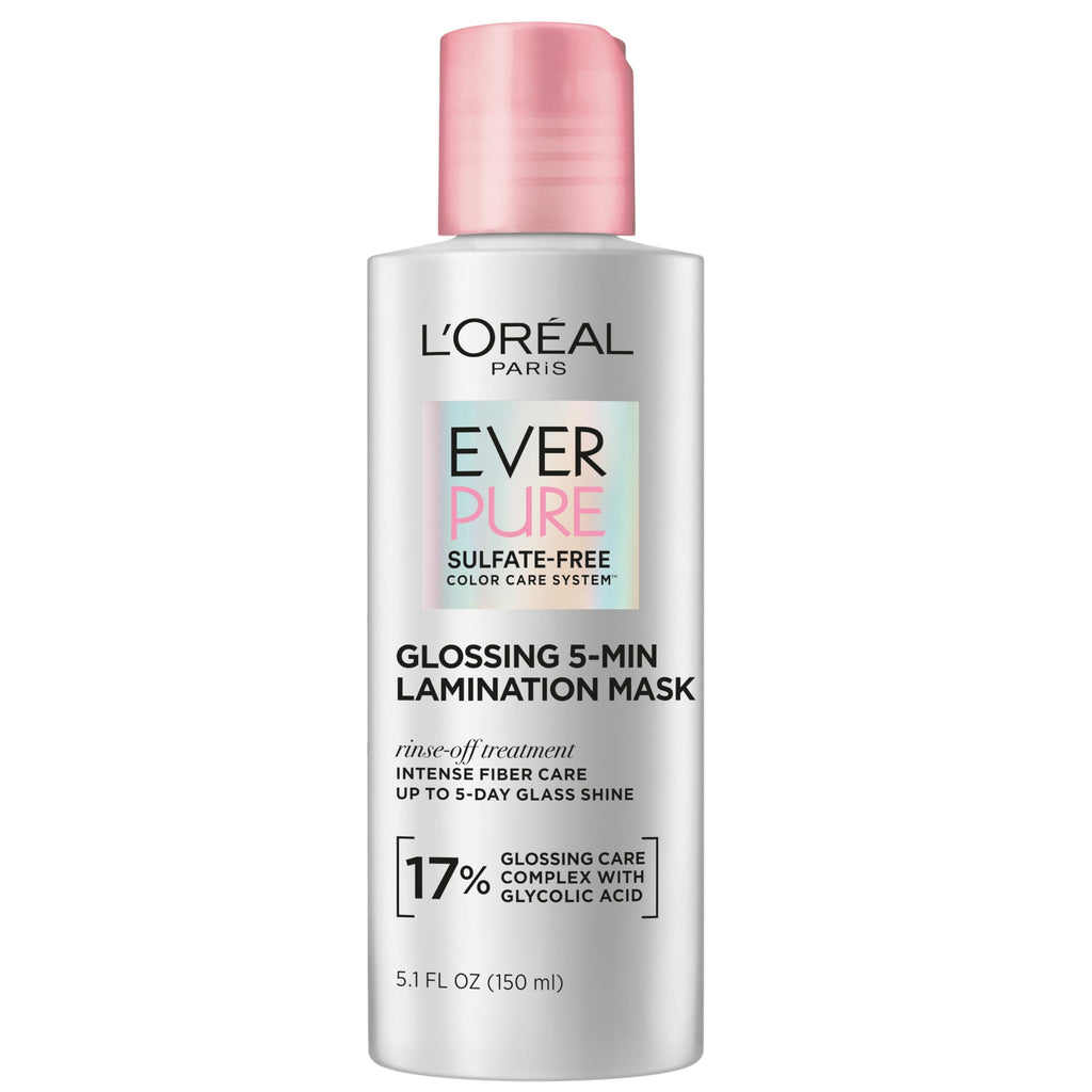 L'Oreal Paris Sulfate Free Glossing Lamination Hair Mask, 5-Minute Rinse-Off Hair Treatment with Glycolic Acid for Glass Shine, Smoothness & Soft Feel, Color Caring, EverPure, 5.1 Fl Oz