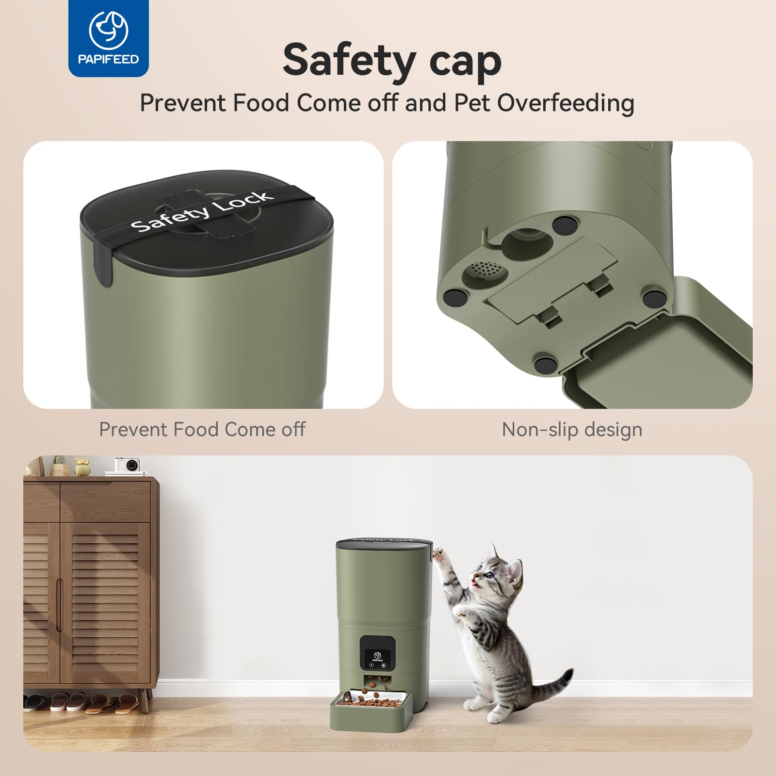 PAPIFEED Automatic Cat Feeder with App, 2.4G WiFi Cat Food Dispenser, 6L Timed Cat Feeders for Dry Food, 10 Meals/Day, 12 Portions/Meal, Dual Power Supply Smart Pet Feeder for Small Dog, Army Green