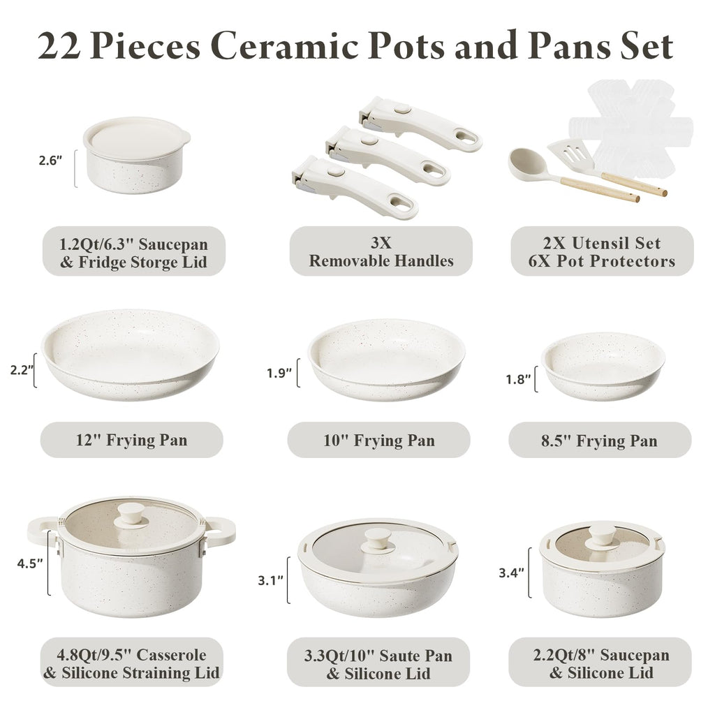 Bazova 22-Piece Pots and Pans Set Non Stick with Removable Handles, Ceramic Cookware Set, Large-Capacity & Non Toxic, Induction & RV Compatible, Dishwasher Safe, PFAS/PTFE/PFOA Free, White