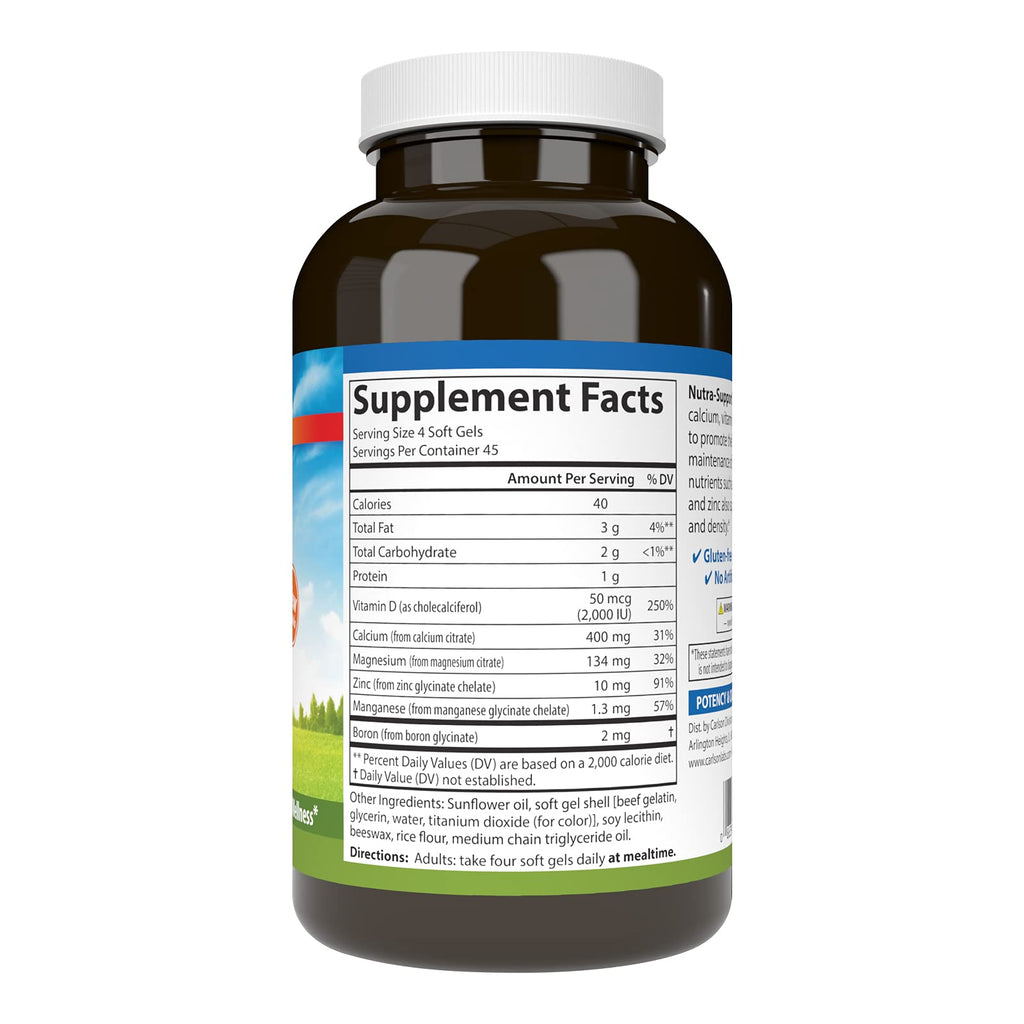 Carlson Nutra-Support Bone, Calcium, Magnesium, 180 Softgels