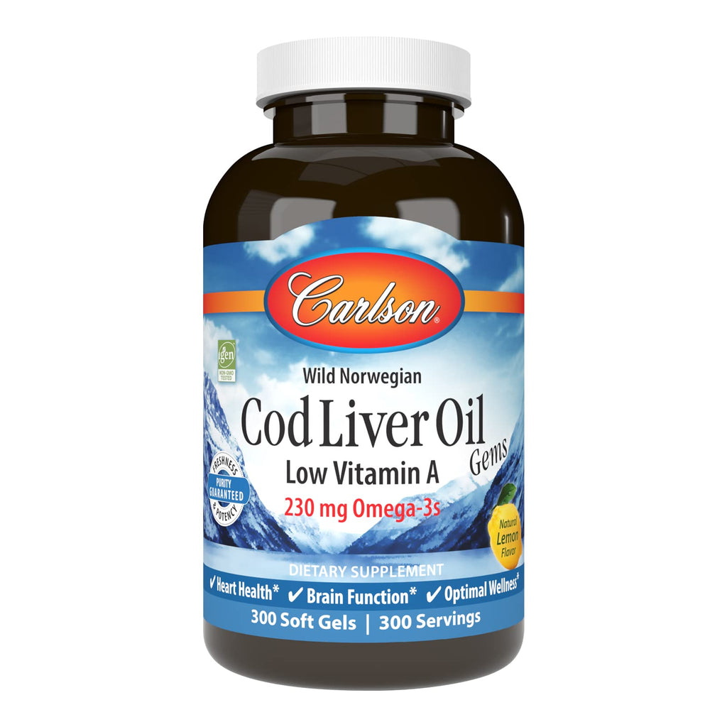 Carlson Cod Liver Oil Gems, Low Vitamin A, 230 mg Omega-3s, 300 Softgels