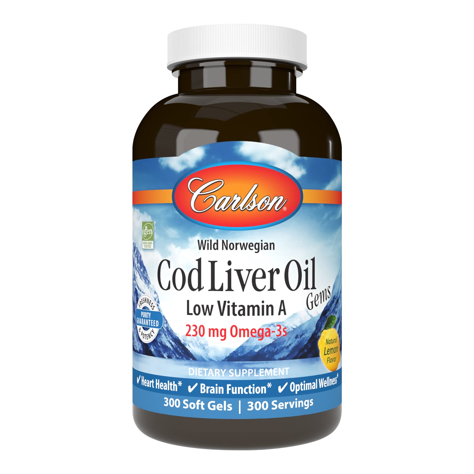 Carlson Cod Liver Oil Gems, Low Vitamin A, 230 mg Omega-3s, 300 Softgels