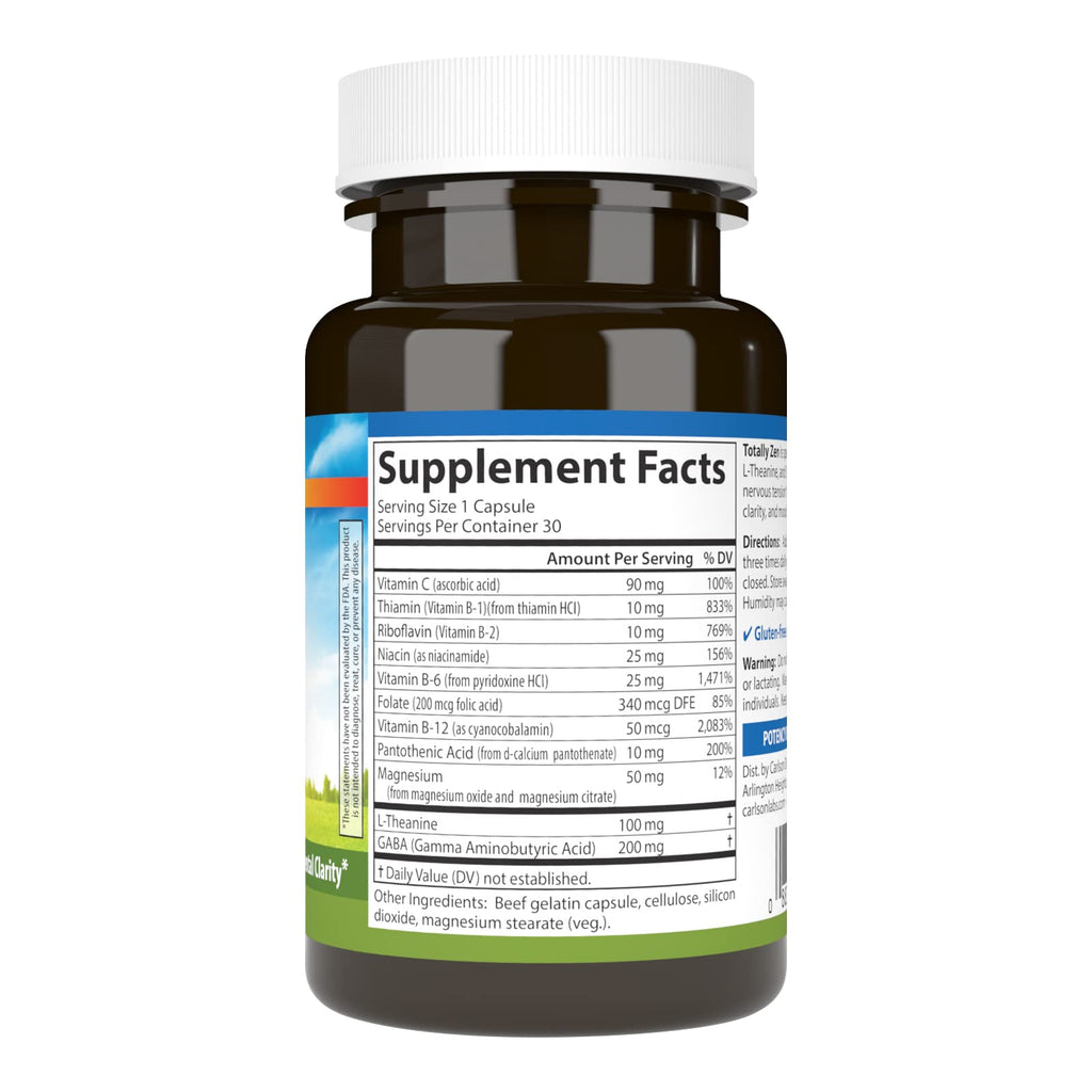 Carlson Totally Zen, GABA, L-Theanine, 30 Capsules