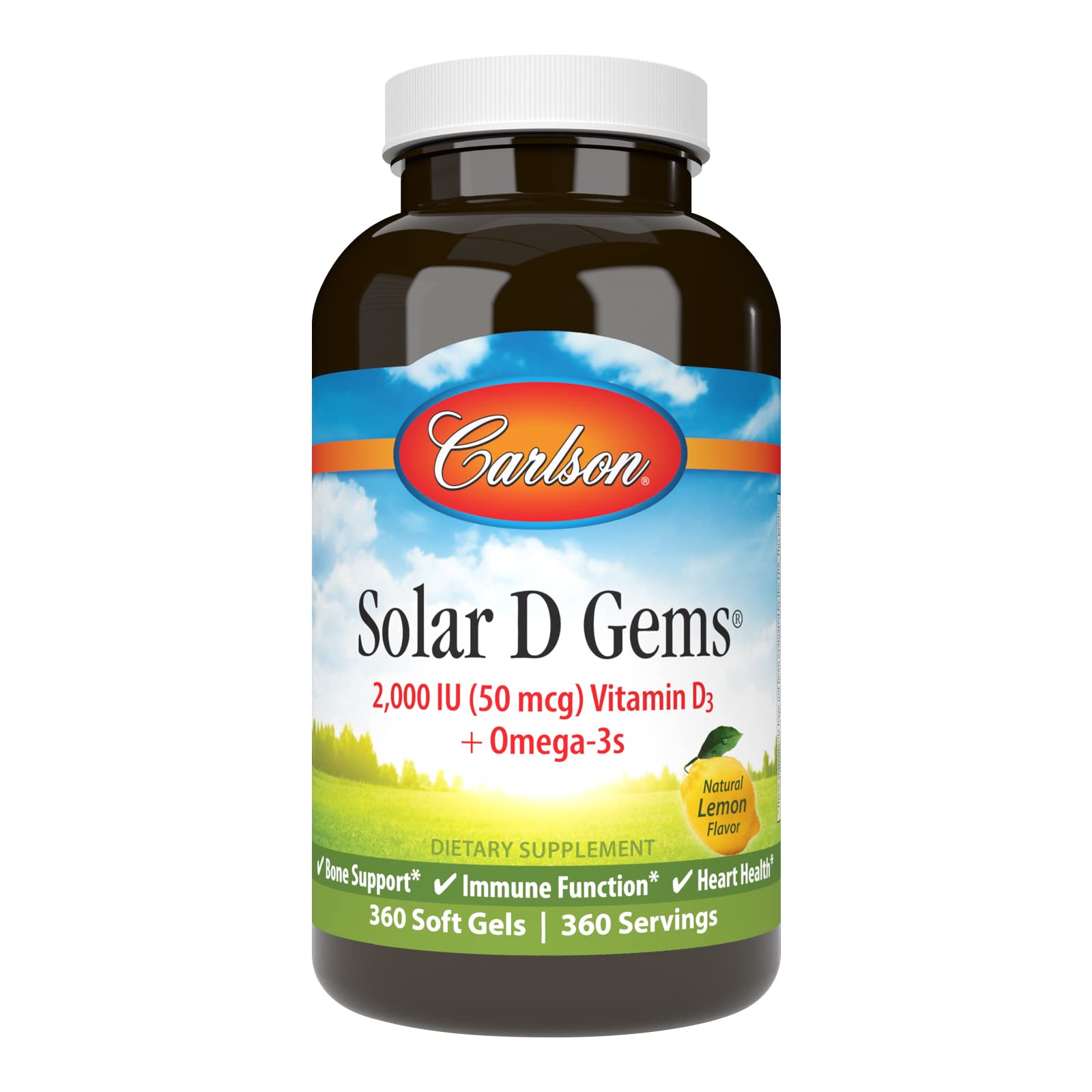 Carlson Solar D Gems, 2000 IU (50 mcg) Vitamin D3, Lemon, 360 Softgels