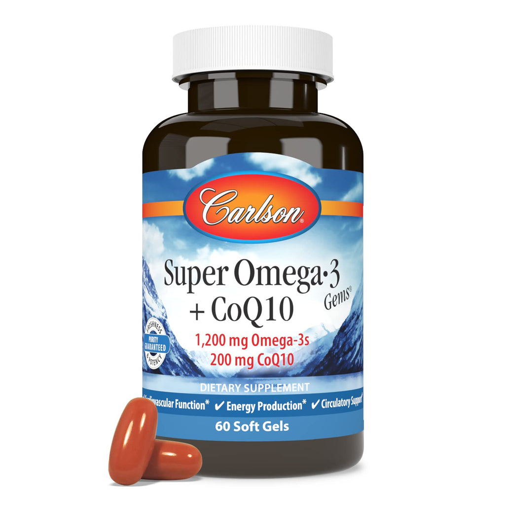Carlson Super Omega-3 Gems + CoQ10, 1200 mg, Omega-3s, 60 Softgels
