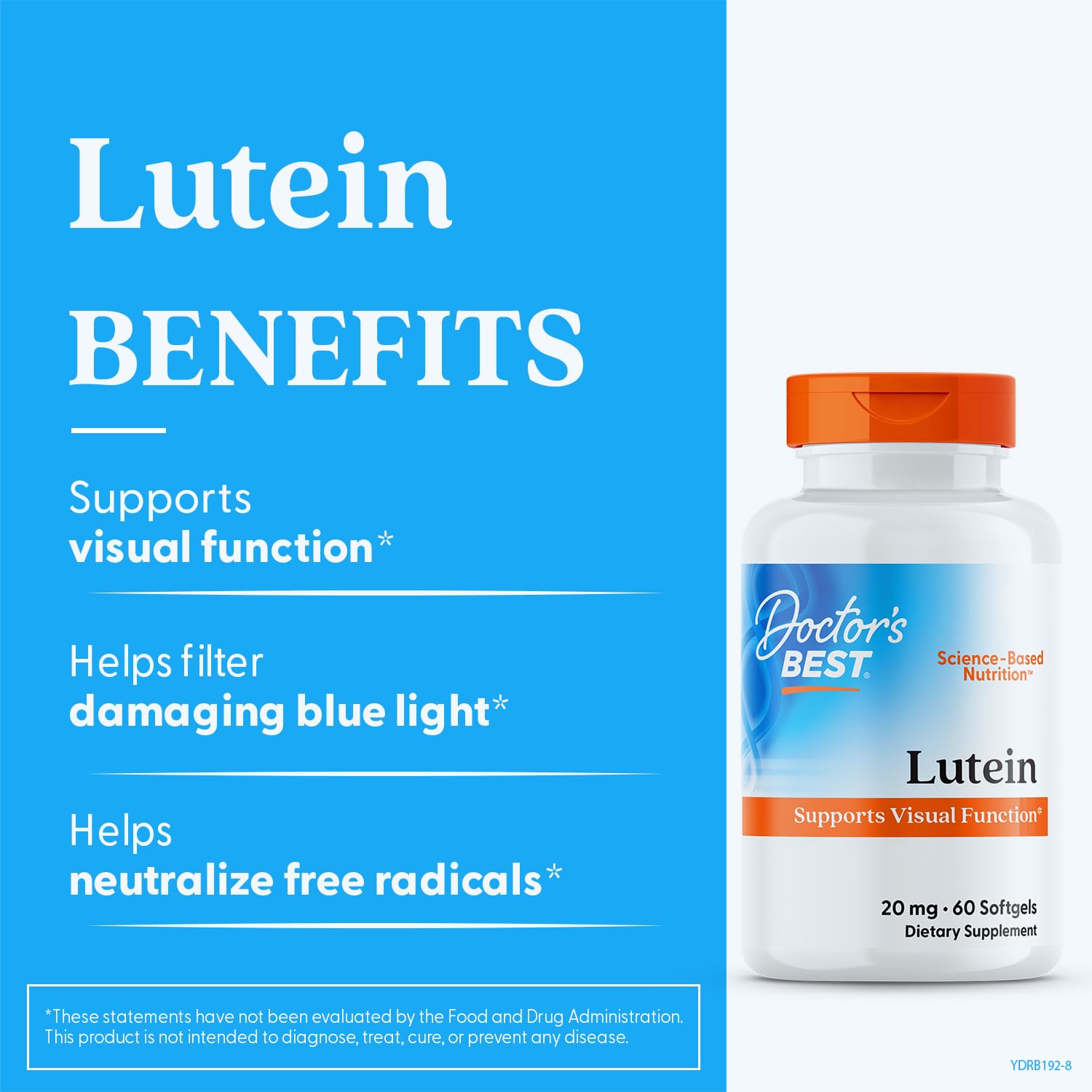 Doctor's Best Lutein Supplement 20mg with Zeaxanthin 1mg - Lutein for Eyes, Eye Health Vitamins for Men & Women, Vision and Macular Health Support Capsules, Marigold Flower Extract - 60 Softgels