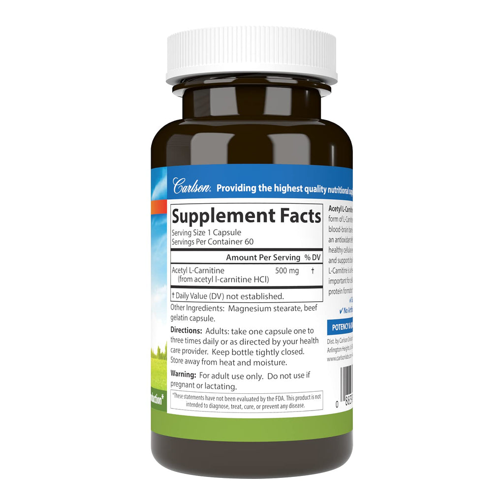 Carlson Acetyl L-Carnitine, 500 mg, 60 Vegetarian Capsules