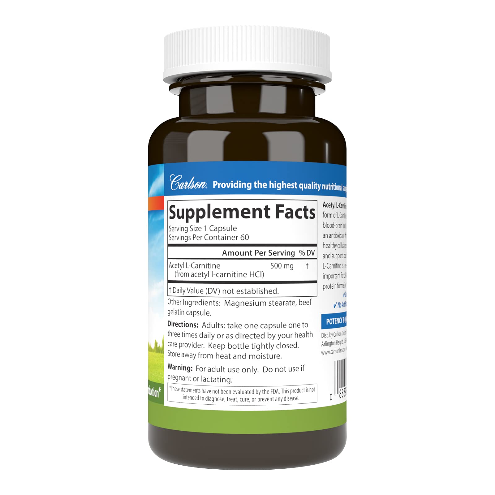 Carlson Acetyl L-Carnitine, 500 mg, 60 Vegetarian Capsules