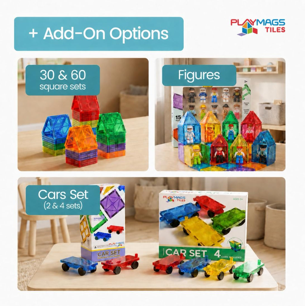 Playmags Magnetic Tiles for Kids 100-Piece Set, STEM Educational Building Blocks Toys for Kids, Includes Click-in ABC Learning Tiles, Gift for Boys & Girls, Add on Magnetic Figures, Car Set Available