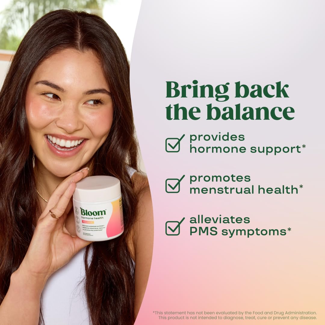 Bloom Nutrition Hormone Health & Cortisol Support for Women - Balance - Menstrual Health, PMS Symptoms, Pomegranate Extract, Chaste Tree Berry & Dong Quai Root, 30 Servings