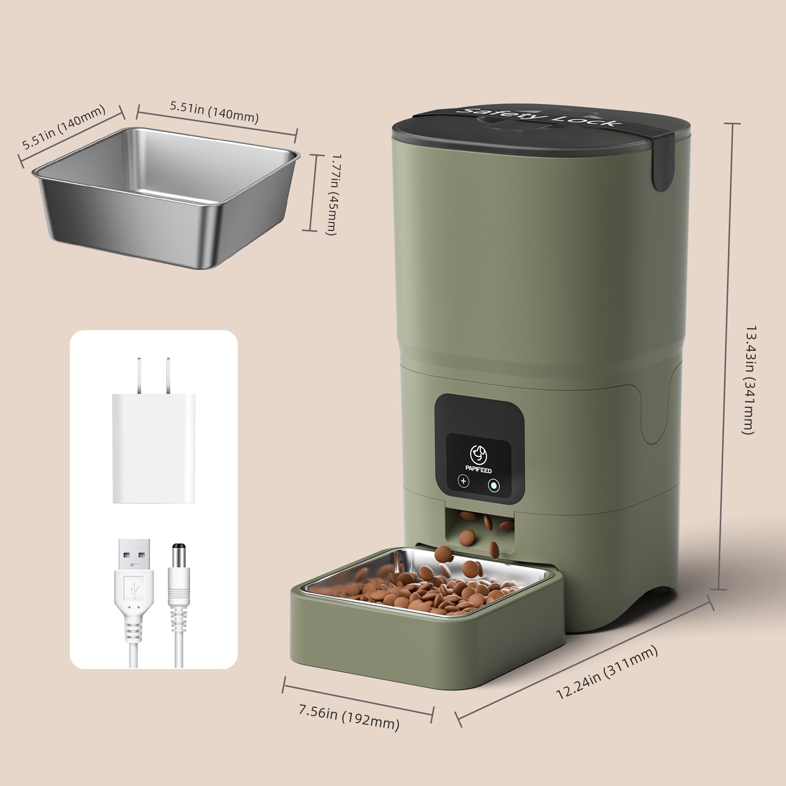 PAPIFEED Automatic Cat Feeder with App, 2.4G WiFi Cat Food Dispenser, 6L Timed Cat Feeders for Dry Food, 10 Meals/Day, 12 Portions/Meal, Dual Power Supply Smart Pet Feeder for Small Dog, Army Green