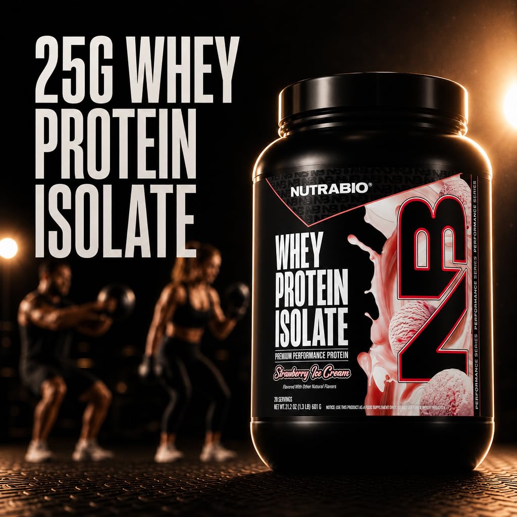 NutraBio 100% Whey Protein Isolate Protein Powder, 25g Protein with Complete Amino Acid Profile, Non-GMO, Soy & Gluten Free, Low Carb, Low Calorie Whey Protein Powder, Strawberry Ice Cream,20 servings