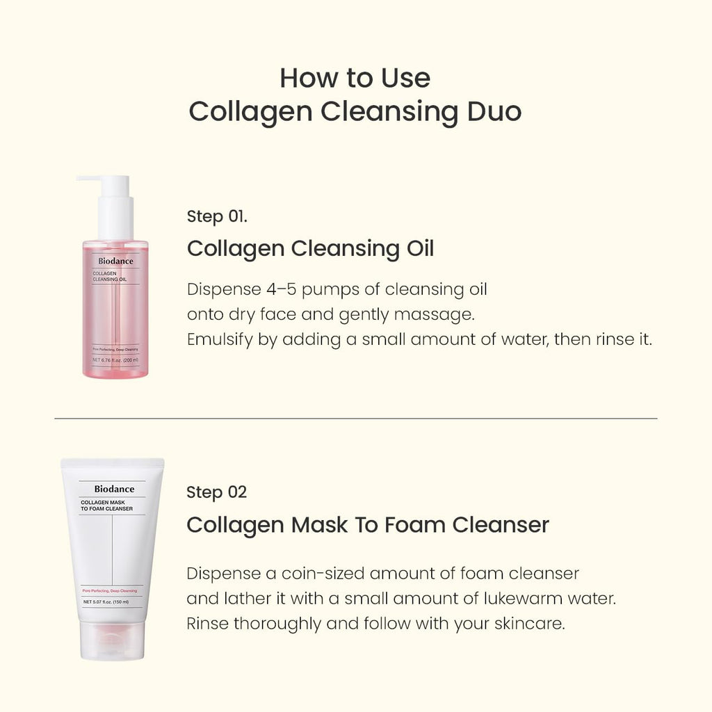 BIODANCE Collagen Cleansing Duo: 2-in-1 Pore Mask to Foam Cleanser & Gentle Cleansing Oil Set, Facial Wash and Makeup Remover for Sensitive Skin, Korean Skin Care, Skin Care Set