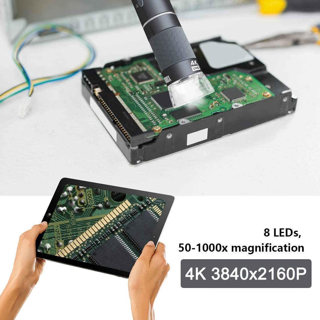 Jiusion 4K 50-1000x WiFi USB Digital Handheld Microscope with Metal Stand