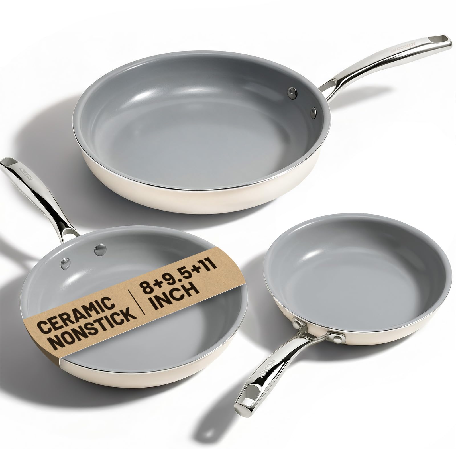 Kikcoin Ceramic Nonstick Frying Pans Set, 3 Piece Skillets (8"+9.5"+11")