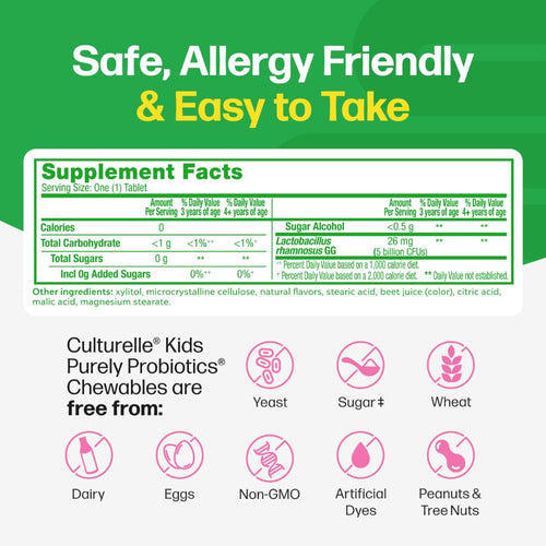 Culturelle Kids Chewable Daily Probiotic for Kids, Ages 3+, 30 Count, #1 Pediatrician-Recommended Brand, Natural Berry Flavored Daily Probiotics for Digestive Health, Oral Care & Immune Support