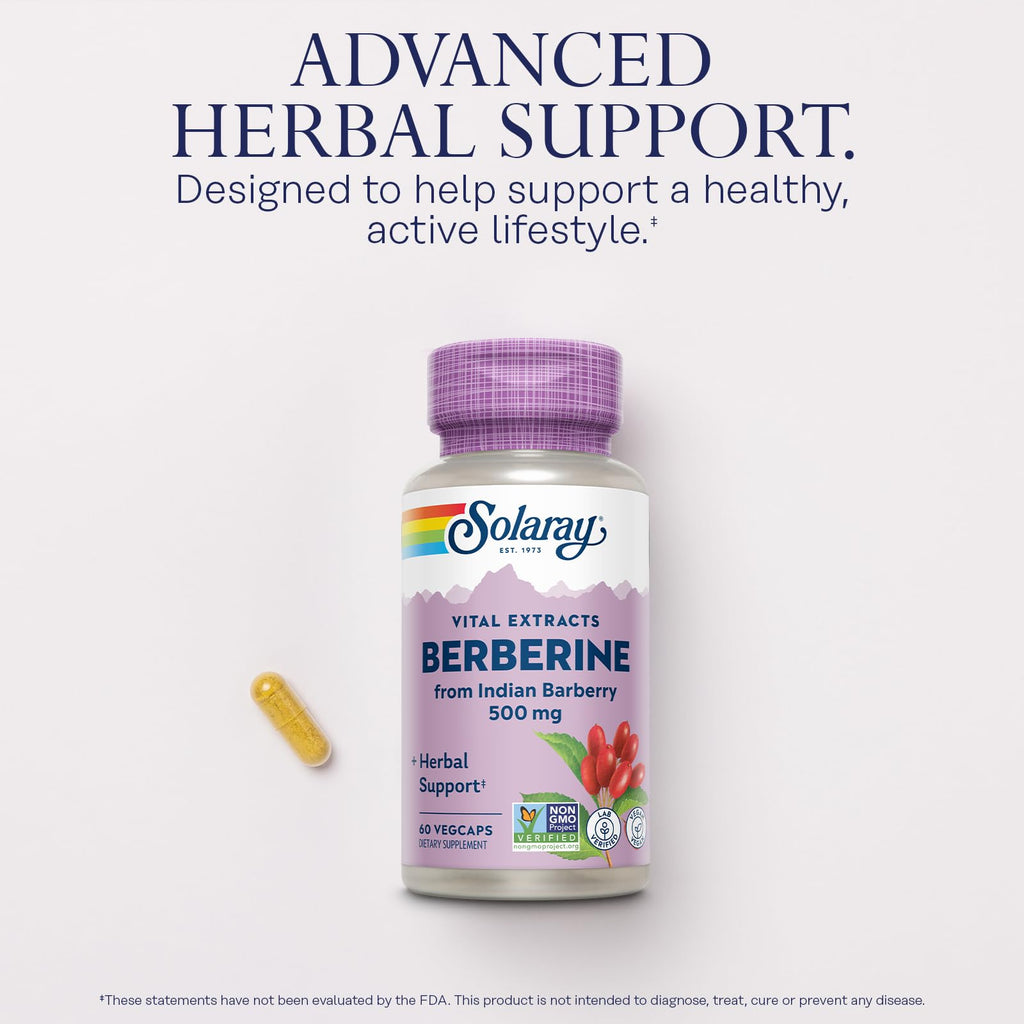 SOLARAY Berberine 500mg - Berberine Supplement for a Healthy, Active Lifestyle - with Berberine HCl from Indian Barberry - Vegan, Non-GMO, 60-Day Guarantee - 60 Servings, 60 VegCaps (60 CT)