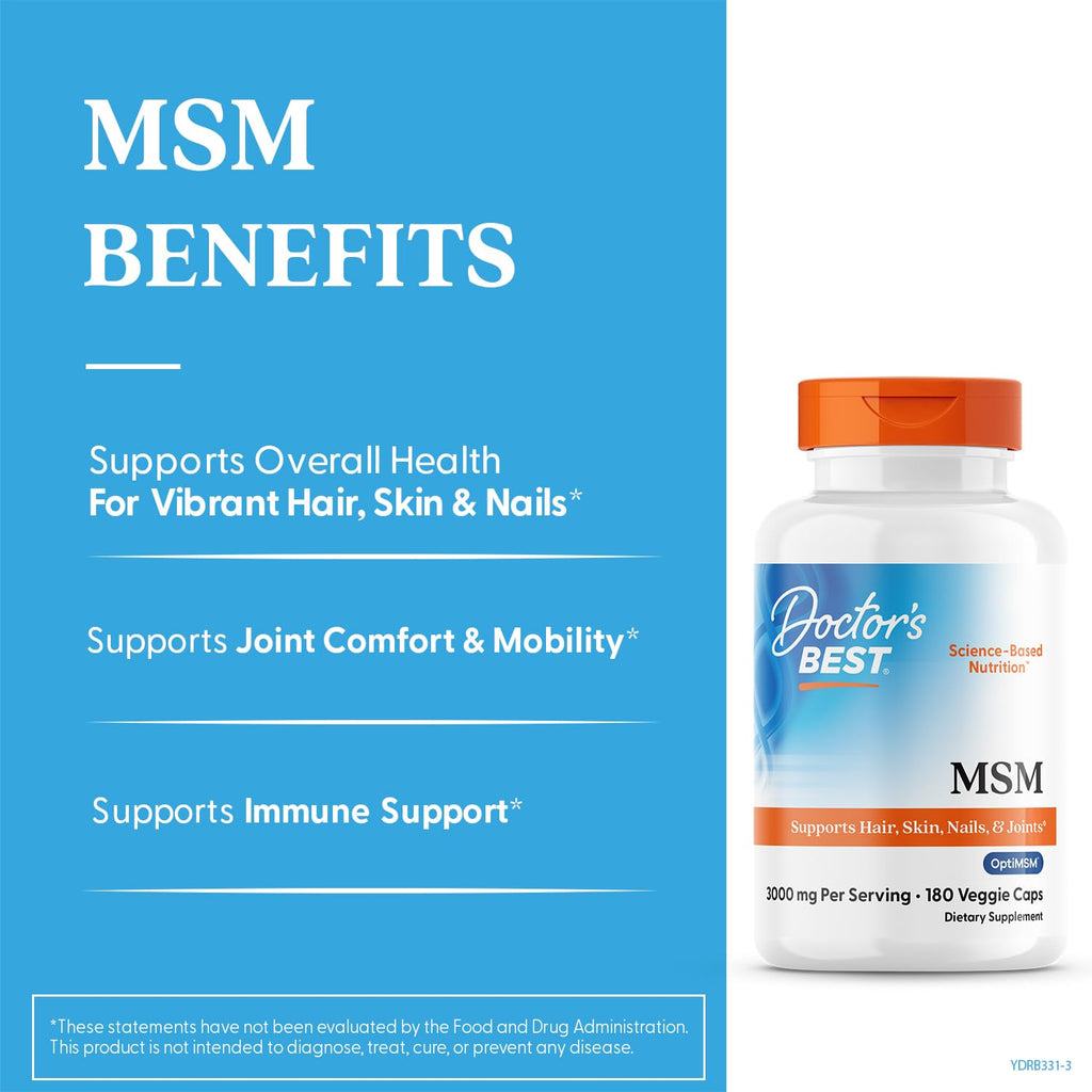 Doctor's Best MSM Supplement Capsules for Men & Women - Supports Hair, Skin, Nails, & Bone Health, Delivers Beneficial Sulfur with OptiMSM, Gluten Free, Non GMO - 180 Caps