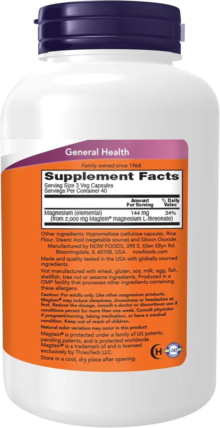 NOW Foods Supplements Magtein, Magnesium L-Threonate, Veg Capsules, 120 Count (Pack of 2)