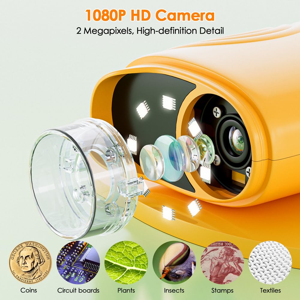 Temodu Kids Microscope 2.0" Screen 1000X Digital Microscope for Kids, Mini Pocket Handheld Microscopes for Children Birthday Festival Gift, Science Education Fun Toys for Boys Girls Ages 4-12 (Yellow)