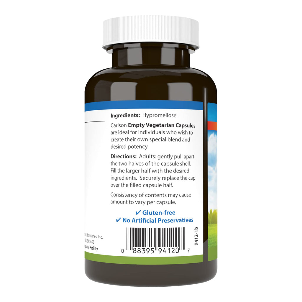 Carlson - Empty Vegetarian #2 Small Capsules, Easy to Separate & Fill, with Screw Cap Bottle, 200 Capsules